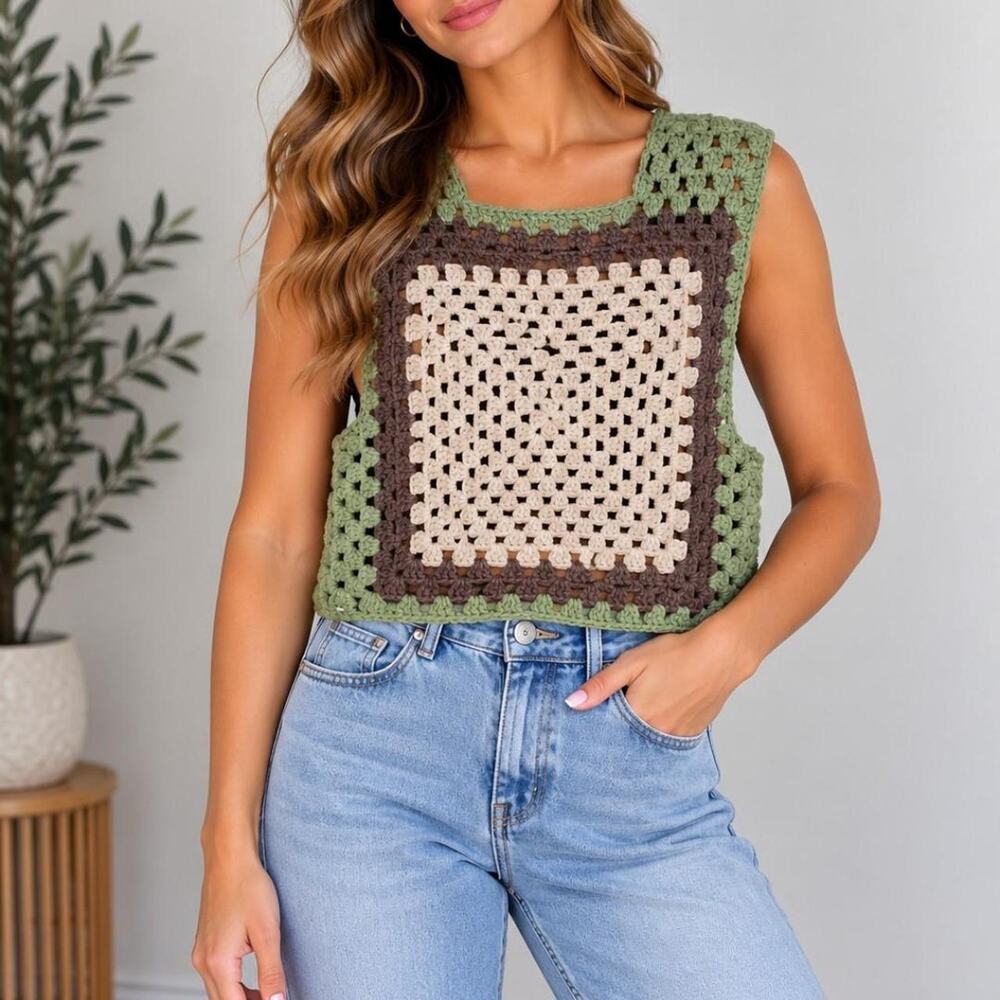 Handmade crochet vest with green